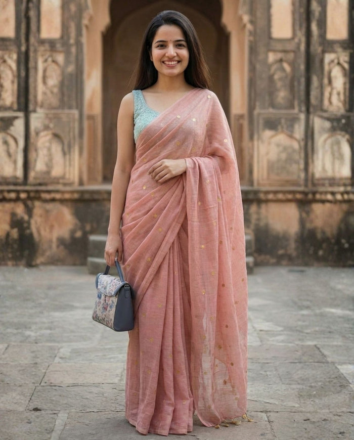 Indiehaat | Pure Mul Cotton Sequin Saree Peach