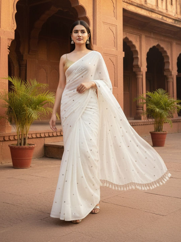 Indiehaat | Pure Mul Cotton Sequin Saree White