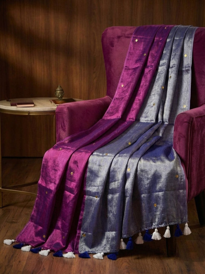 Indiehaat | Pure Mul Cotton Sequin Saree Gray & Pink