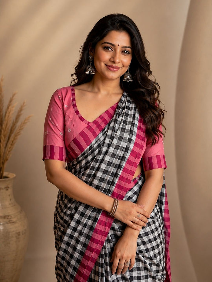 Indiehaat | Black & White Mul Cotton Handloom Saree