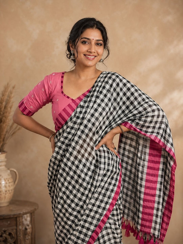 Indiehaat | Black & White Mul Cotton Handloom Saree