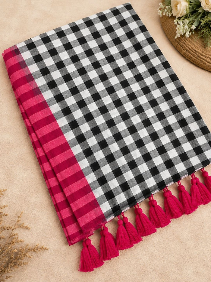 Indiehaat | Black & White Mul Cotton Handloom Saree