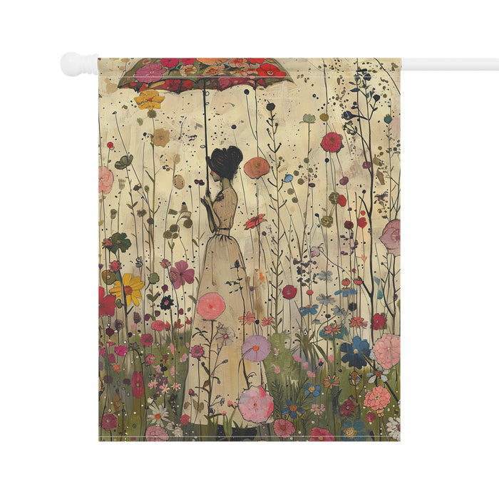 Decorative flag with an illustration of a woman holding an umbrella amidst flowers on a white background.
