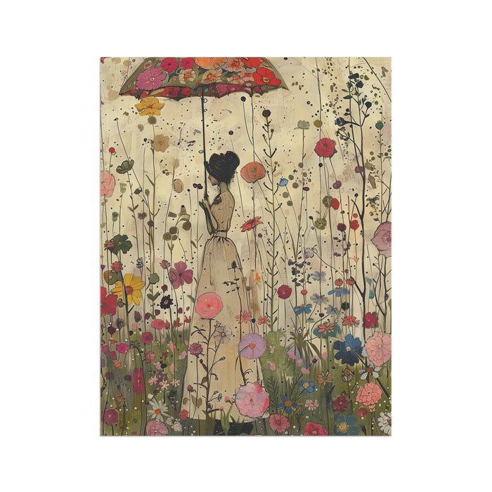 Illustration of a woman holding a floral umbrella in a garden of flowers and plants.