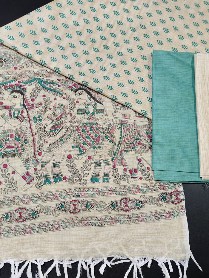 Indiehaat | Khadi Cotton Madhubani Suit Beige & Green