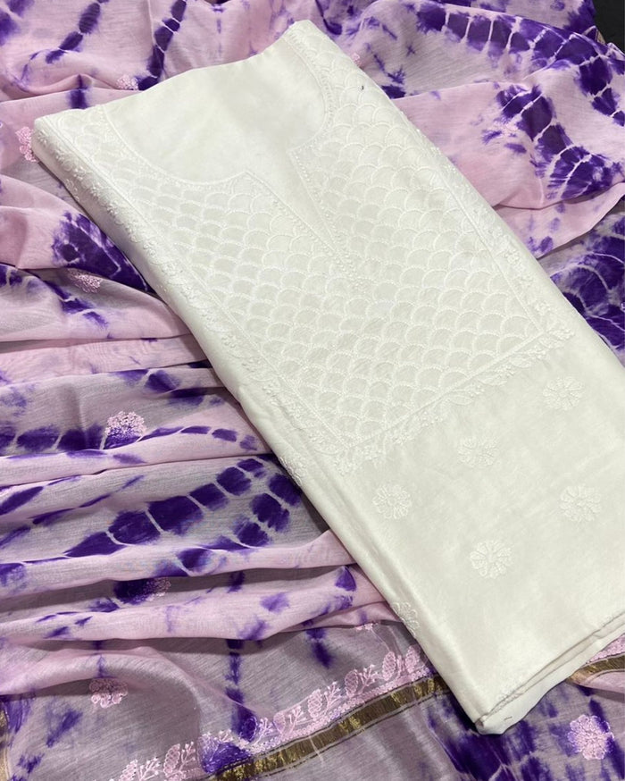 Pure Chanderi Silk Kurti White Color with heavy Chikankari work Dupatta - IndieHaat