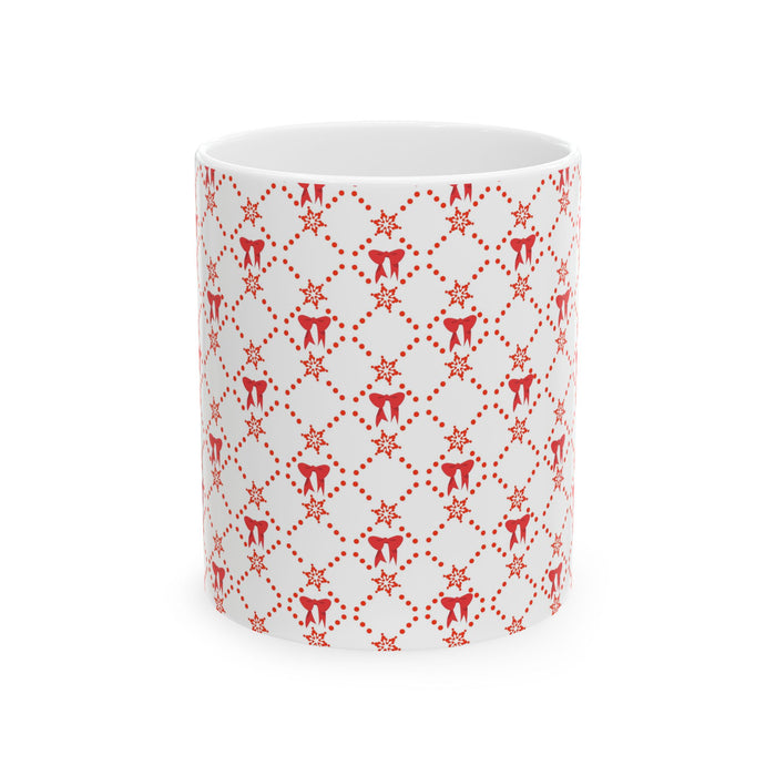 Christmas Coffee Mug, Red Bows Holiday Cup, Festive Ceramic Mug, Xmas Tea Mug