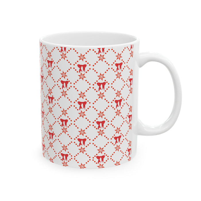 Christmas Coffee Mug, Red Bows Holiday Cup, Festive Ceramic Mug, Xmas Tea Mug