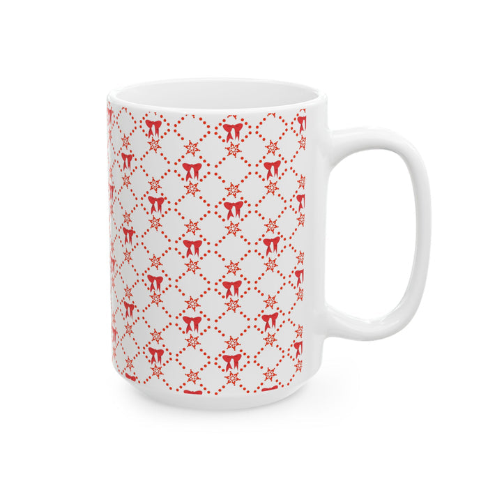 Christmas Coffee Mug, Red Bows Holiday Cup, Festive Ceramic Mug, Xmas Tea Mug