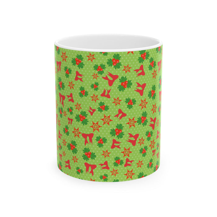 Christmas Green Floral Pattern Ceramic Coffee Mug – Holiday Gift Dishwasher Safe