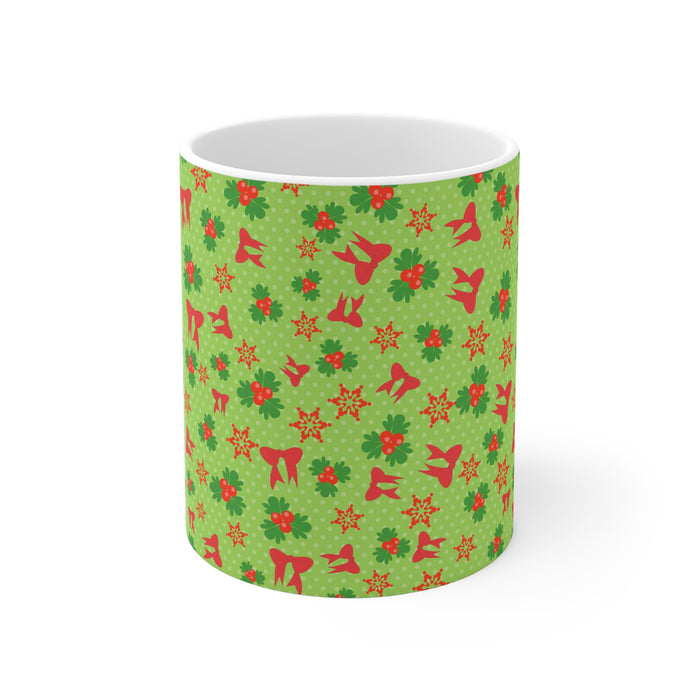 Christmas Mug with Holly and Red Bows Holiday 2 Sizes Dishwasher Safe