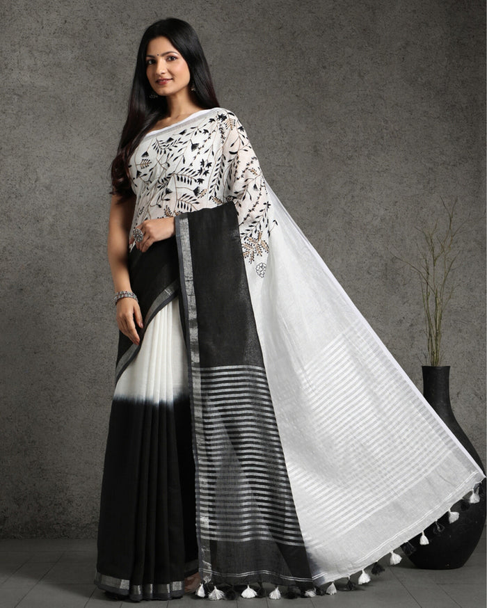Black & White Pure Linen Saree with Hand Embroidery & Blouse