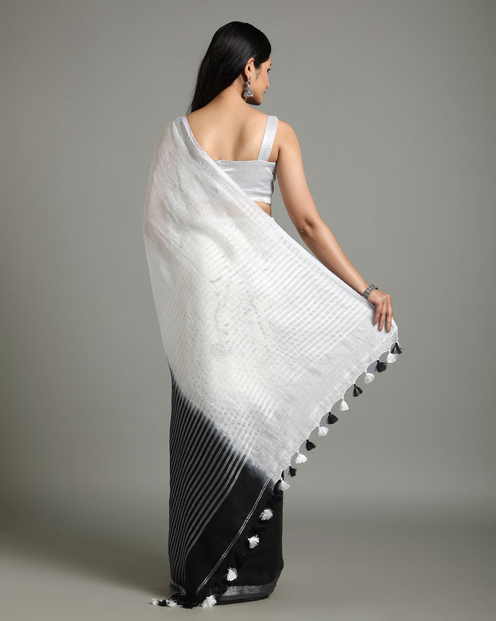 Black & White Pure Linen Saree with Hand Embroidery & Blouse