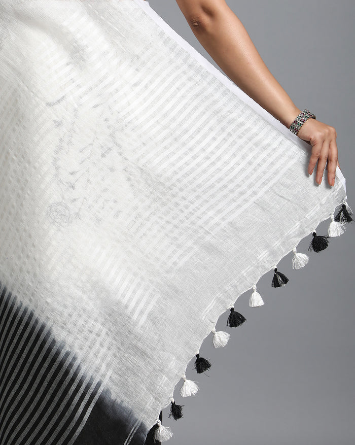 Black & White Pure Linen Saree with Hand Embroidery & Blouse
