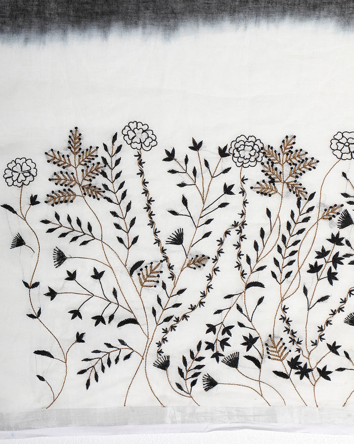 Black & White Pure Linen Saree with Hand Embroidery & Blouse