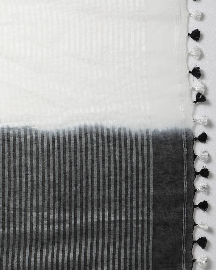 Black & White Pure Linen Saree with Hand Embroidery & Blouse