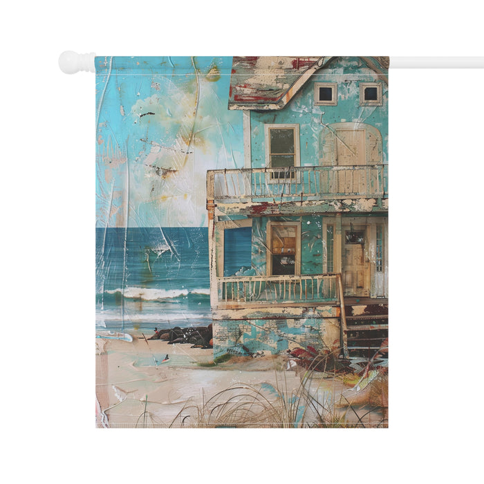 Decorative banner with a beach house design featuring blue and teal colors.