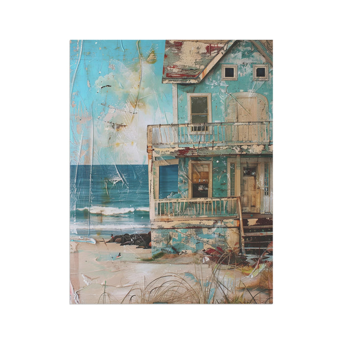 Artistic depiction of a coastal scene with a house by the sea.