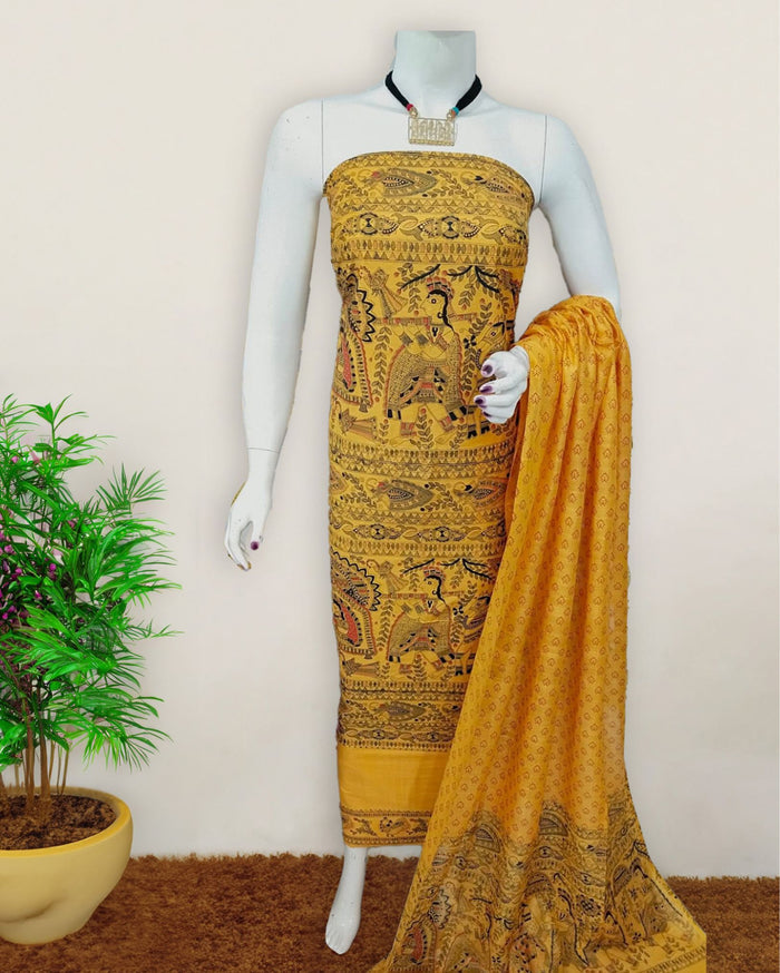 Katan Silk Suit Golden Yellow Color Madhubani Print - IndieHaat