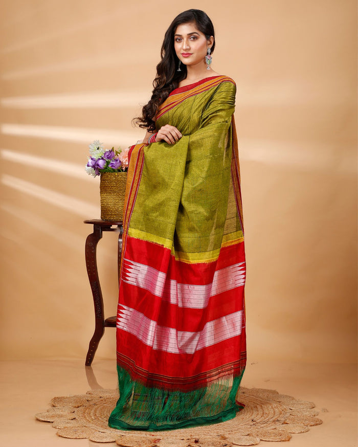 ILKAL Handloom Cotton Silk Saree Olive Green Color with running blouse - IndieHaat
