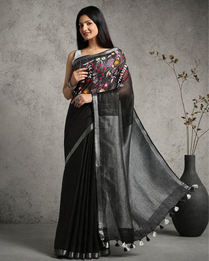Eerie Black Pure Linen Saree with Hand Embroidery & Blouse
