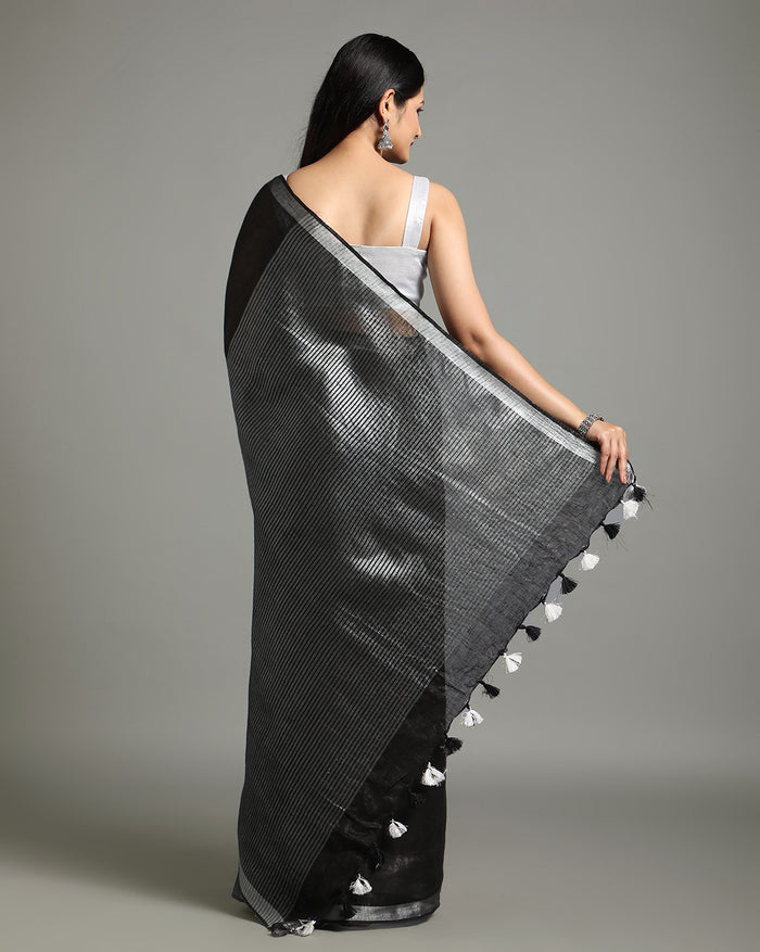 Eerie Black Pure Linen Saree with Hand Embroidery & Blouse