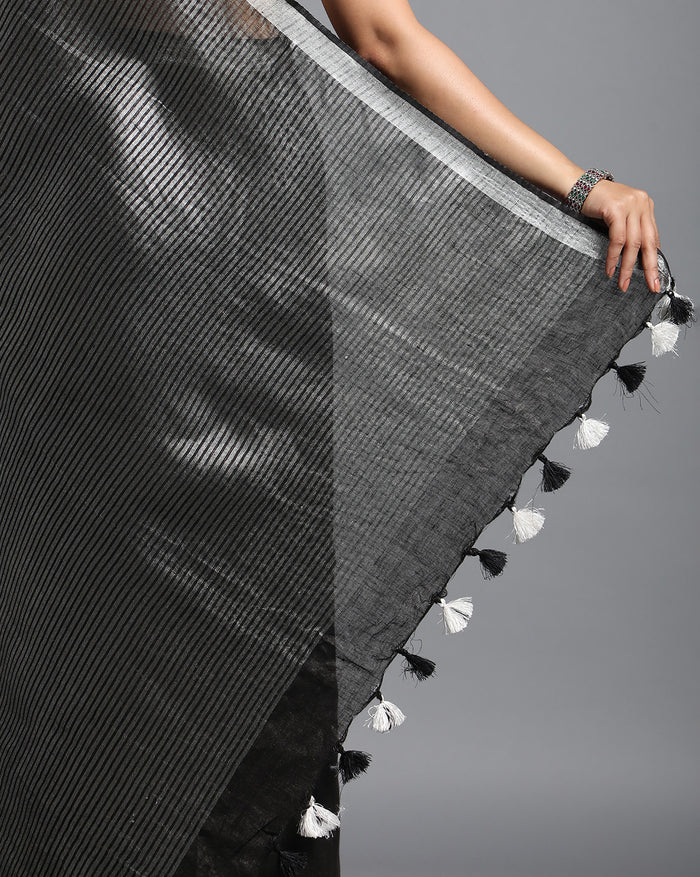 Eerie Black Pure Linen Saree with Hand Embroidery & Blouse