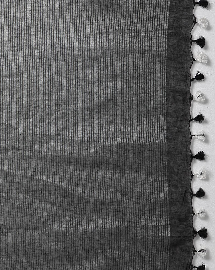 Eerie Black Pure Linen Saree with Hand Embroidery & Blouse