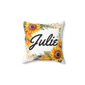 Decorative pillow with sunflowers and the name 'Julie' on a white background