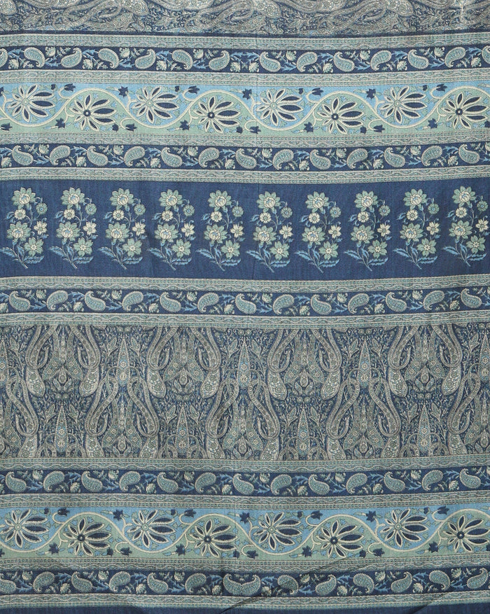 Indiehaat | Kashmiri Silk Printed Saree Dark Blue & Slate
