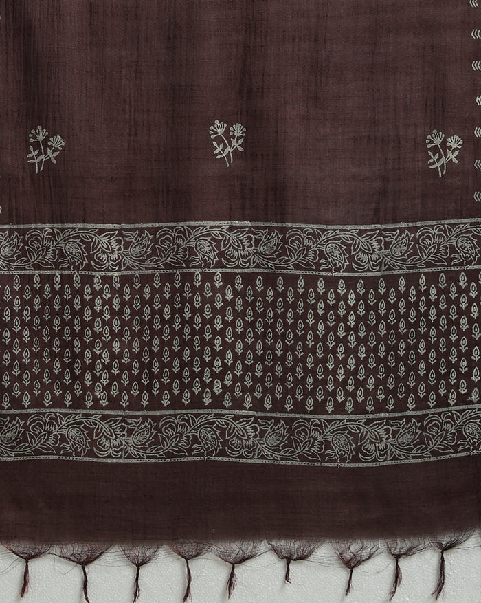 Dark brown Katan silk unstitched suit set with all-over off-white paisley on the top, a plain brown bottom piece and a dupatta with a wide patterned end panel