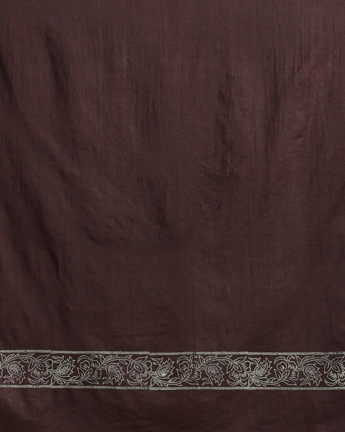 Dark brown Katan silk unstitched suit set with all-over off-white paisley on the top, a plain brown bottom piece and a dupatta with a wide patterned end panel