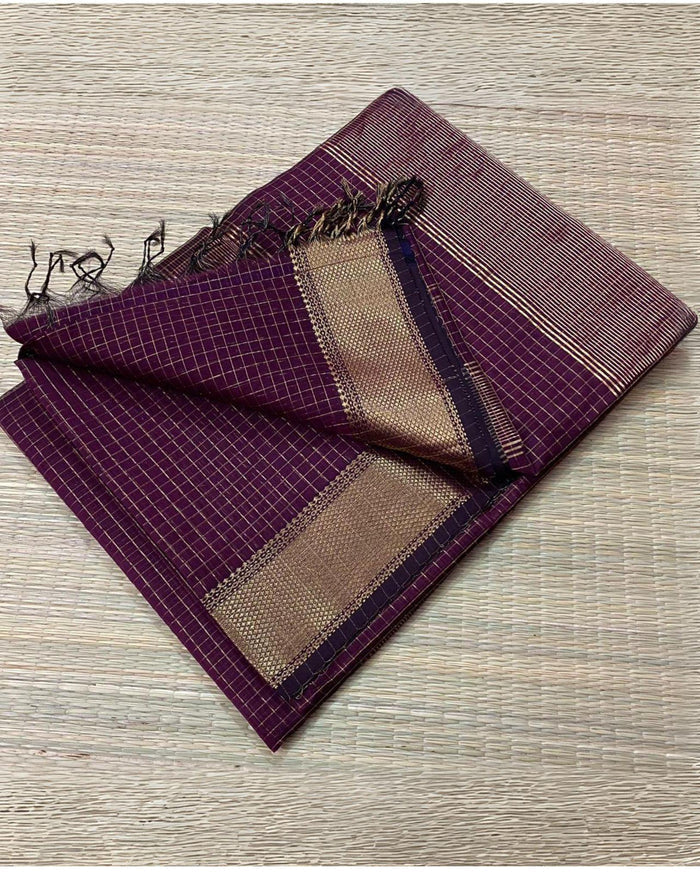 Dark purple handloom Maheshwari silk saree with a fine check grid and golden zari border