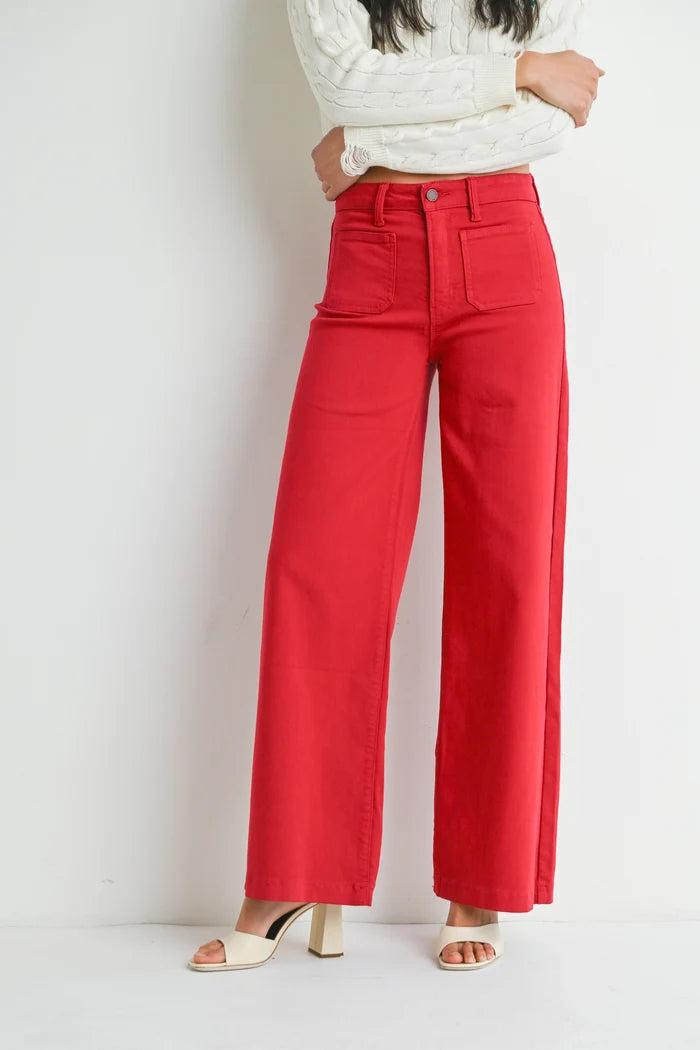 Dark Red Mini Patch Pocket Wide Leg Pant