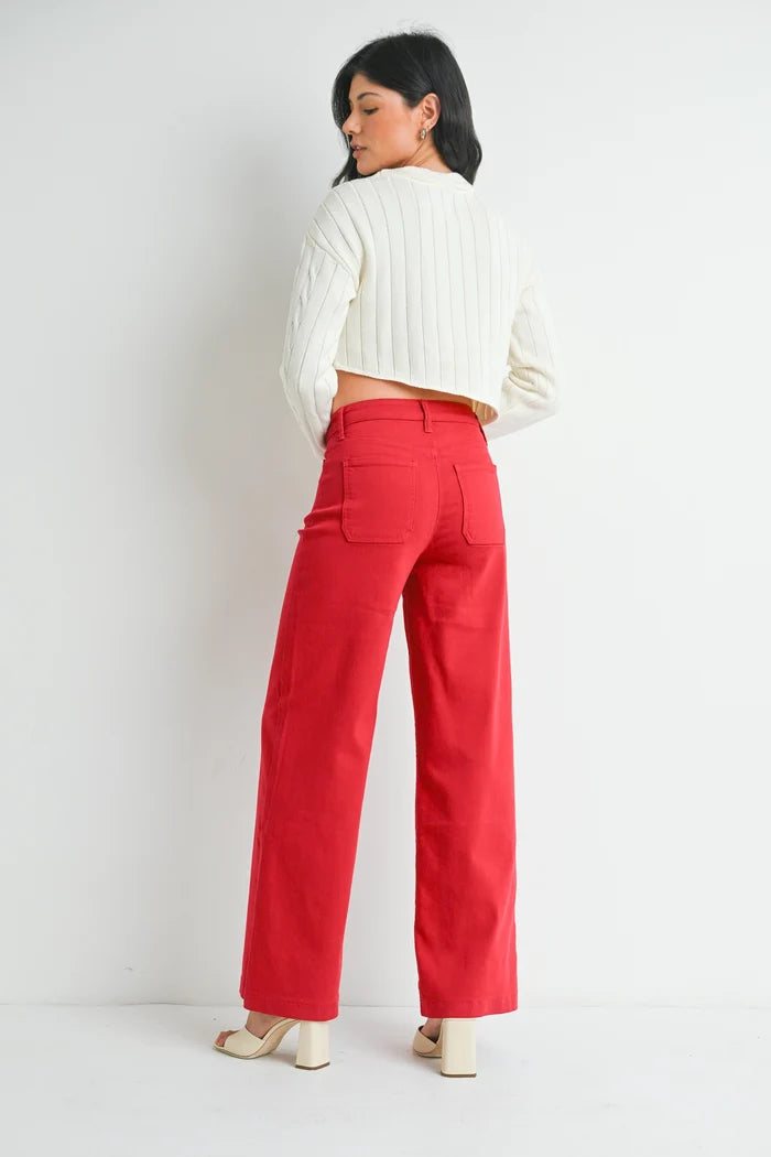 Dark Red Mini Patch Pocket Wide Leg Pant