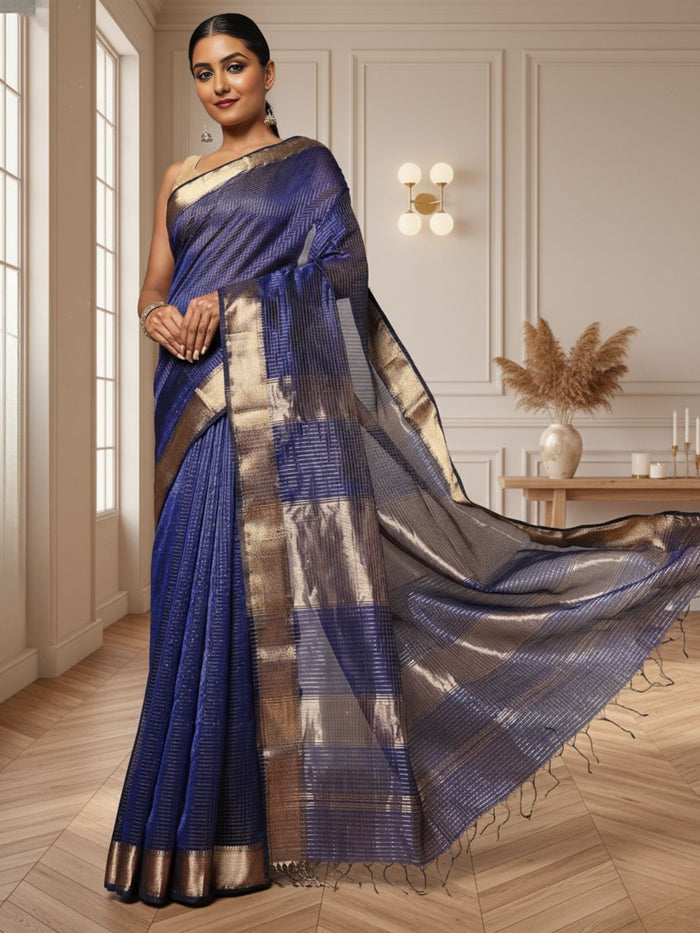 Deep indigo handloom Maheshwari silk saree with fine checks and a gold striped zari pallu