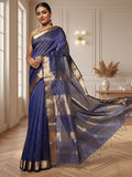 Deep indigo handloom Maheshwari silk saree with fine checks and a gold striped zari pallu