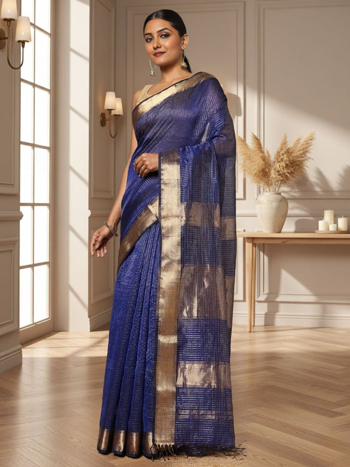 Deep indigo handloom Maheshwari silk saree with fine checks and a gold striped zari pallu