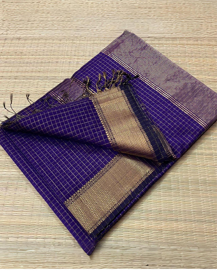 Deep indigo handloom Maheshwari silk saree with fine checks and a gold striped zari pallu