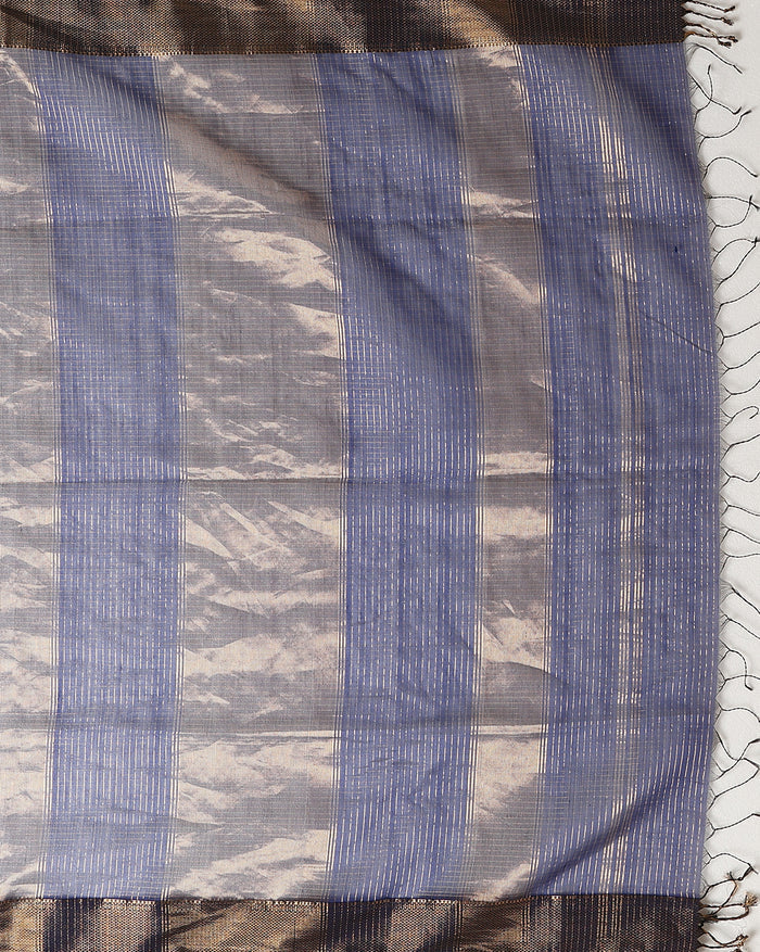 Deep indigo handloom Maheshwari silk saree with fine checks and a gold striped zari pallu