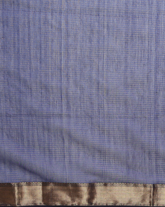 Deep indigo handloom Maheshwari silk saree with fine checks and a gold striped zari pallu