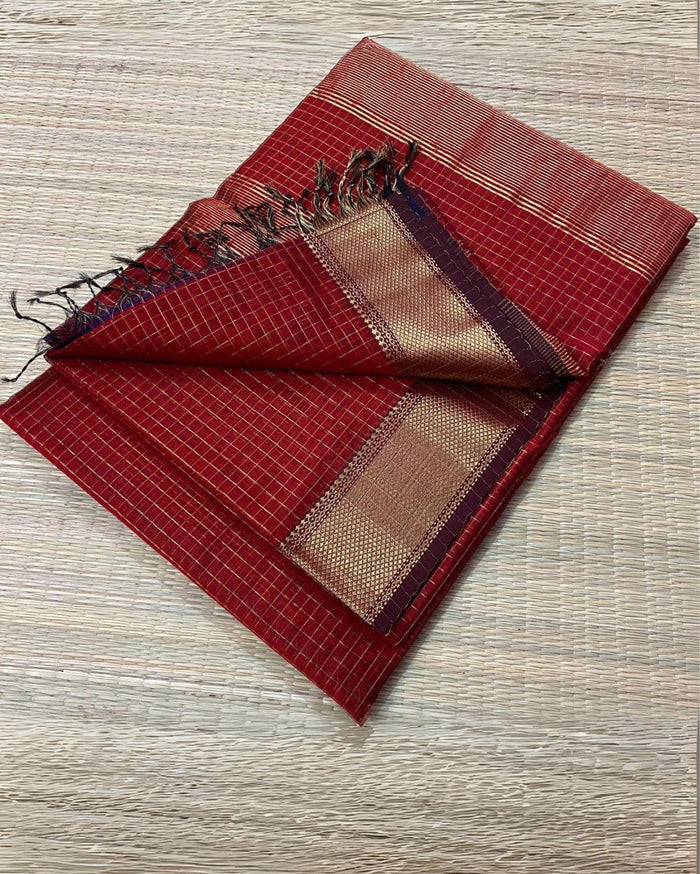 Deep red handloom Maheshwari silk saree with allover checks and a golden zari border