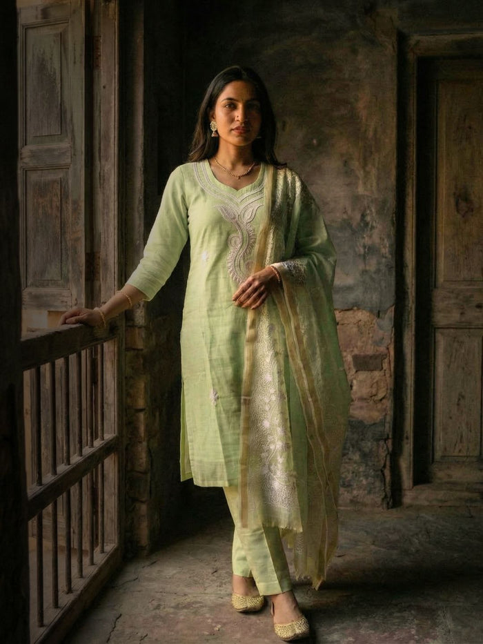 Indiehaat | Kota Doria Chikankari Stitched Suit Green