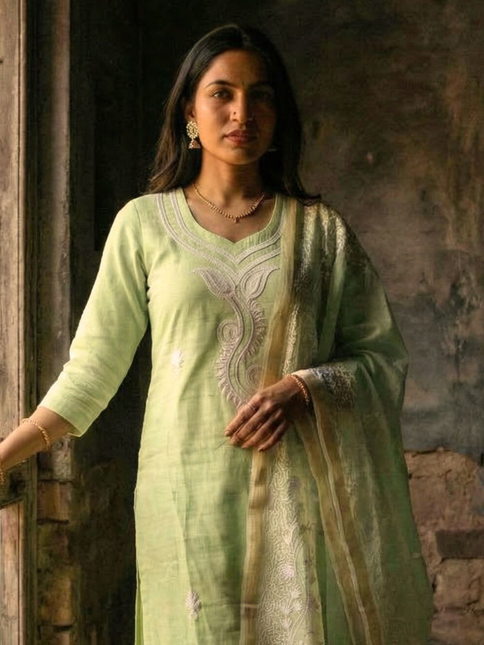 Indiehaat | Kota Doria Chikankari Stitched Suit Green