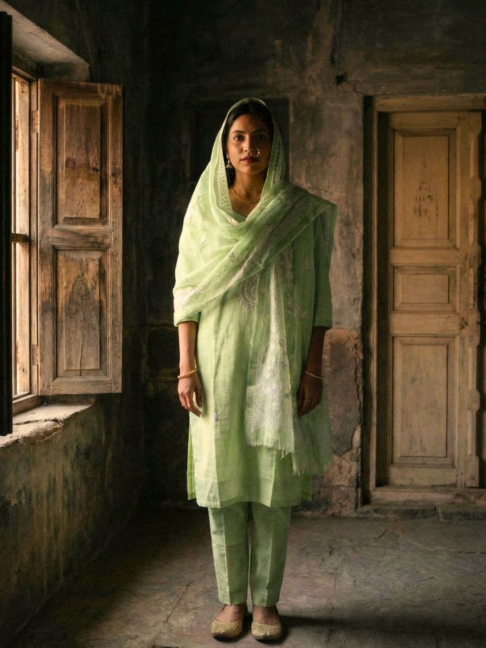 Indiehaat | Kota Doria Chikankari Stitched Suit Green