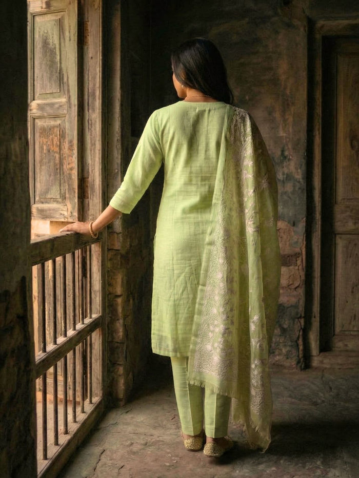Indiehaat | Kota Doria Chikankari Stitched Suit Green