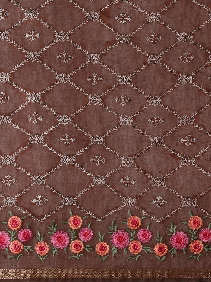 Indiehaat | Kota Silk Ghicha Stripe Embroidery Saree Brown