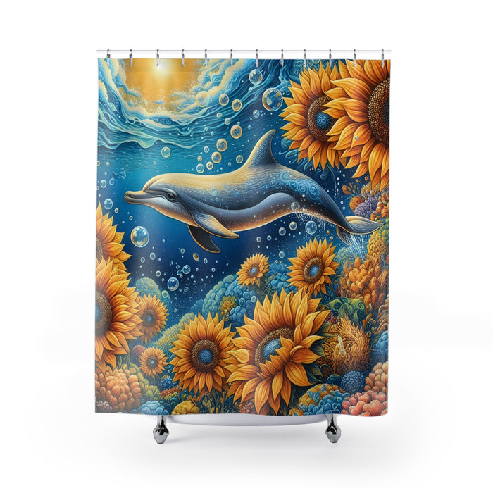 Dolphin Sunflower Shower Curtain | Coastal Ocean Beach Bathroom Decor Floral