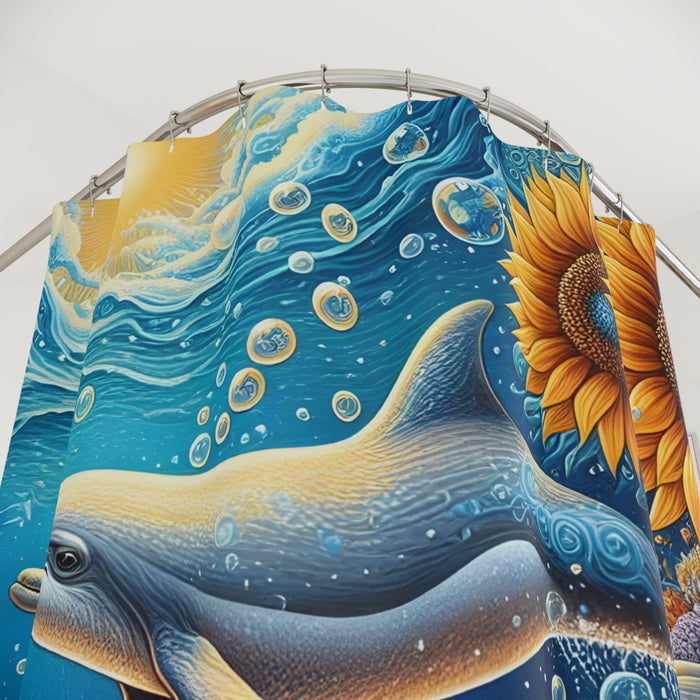 Dolphin Sunflower Shower Curtain | Coastal Ocean Beach Bathroom Decor Floral
