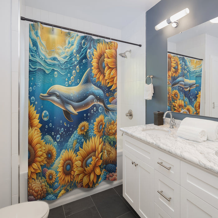 Dolphin Sunflower Shower Curtain | Coastal Ocean Beach Bathroom Decor Floral